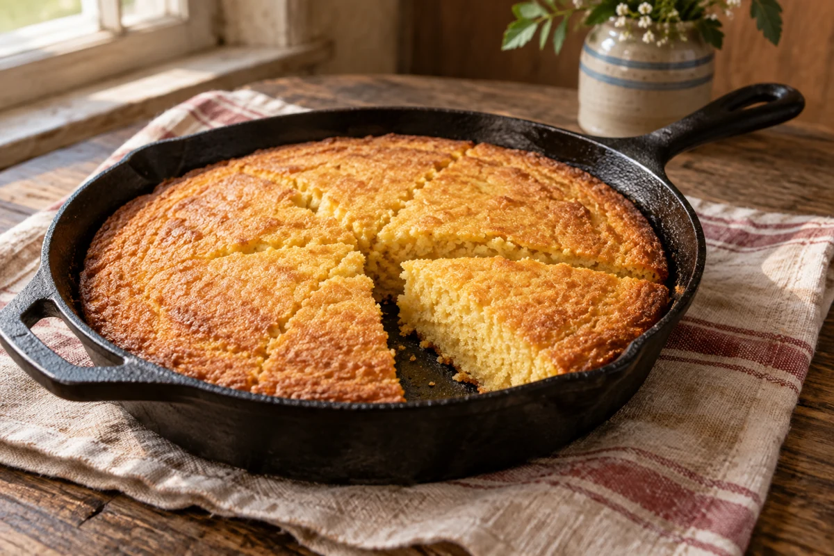 Golden skillet buttermilk cornbread cut into wedges