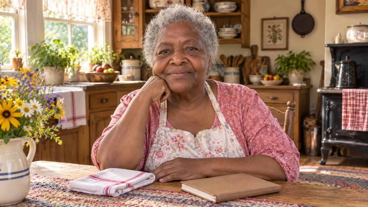 Edna Jackson smiling at her kitchen table beside a recipe notebook