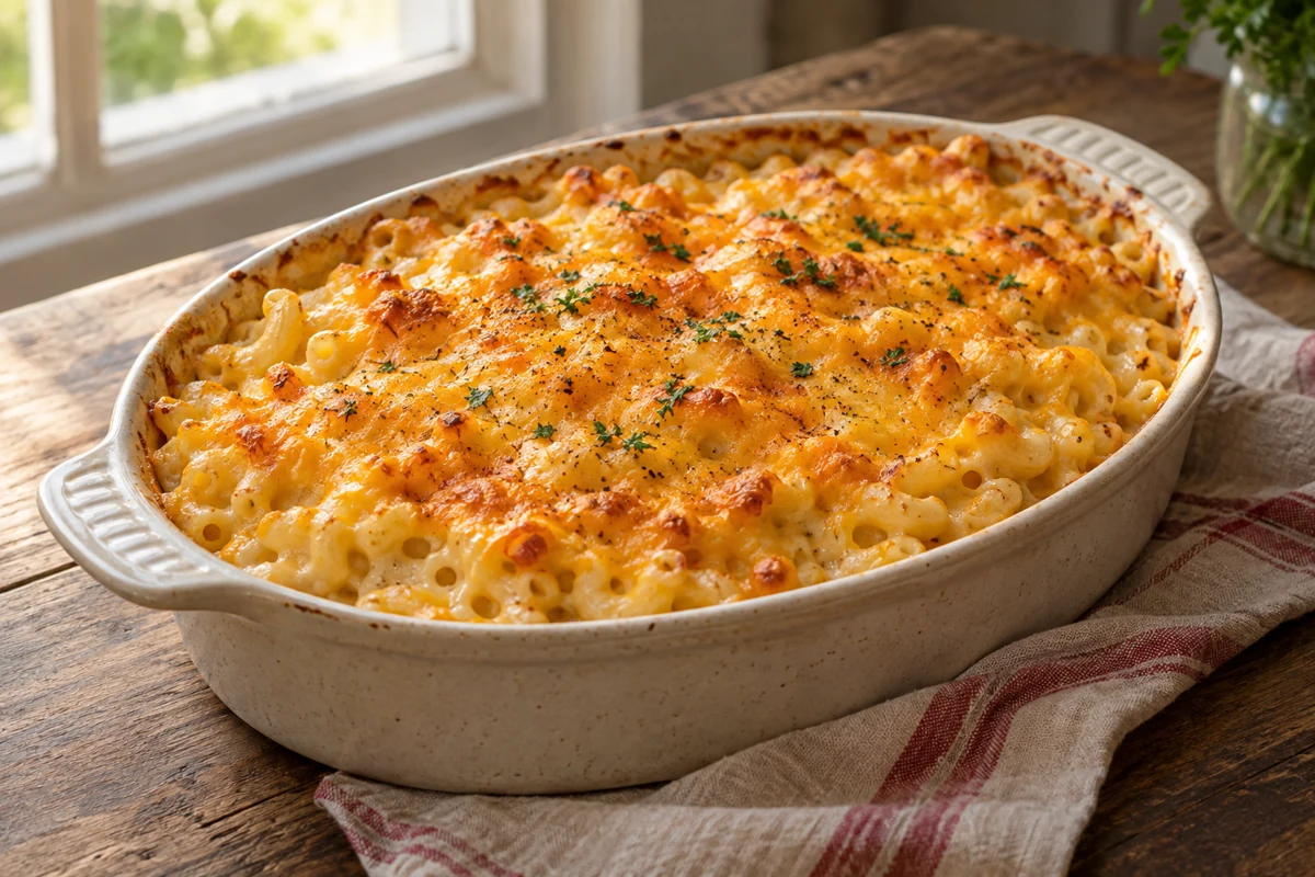Baked three-cheese macaroni with a golden top