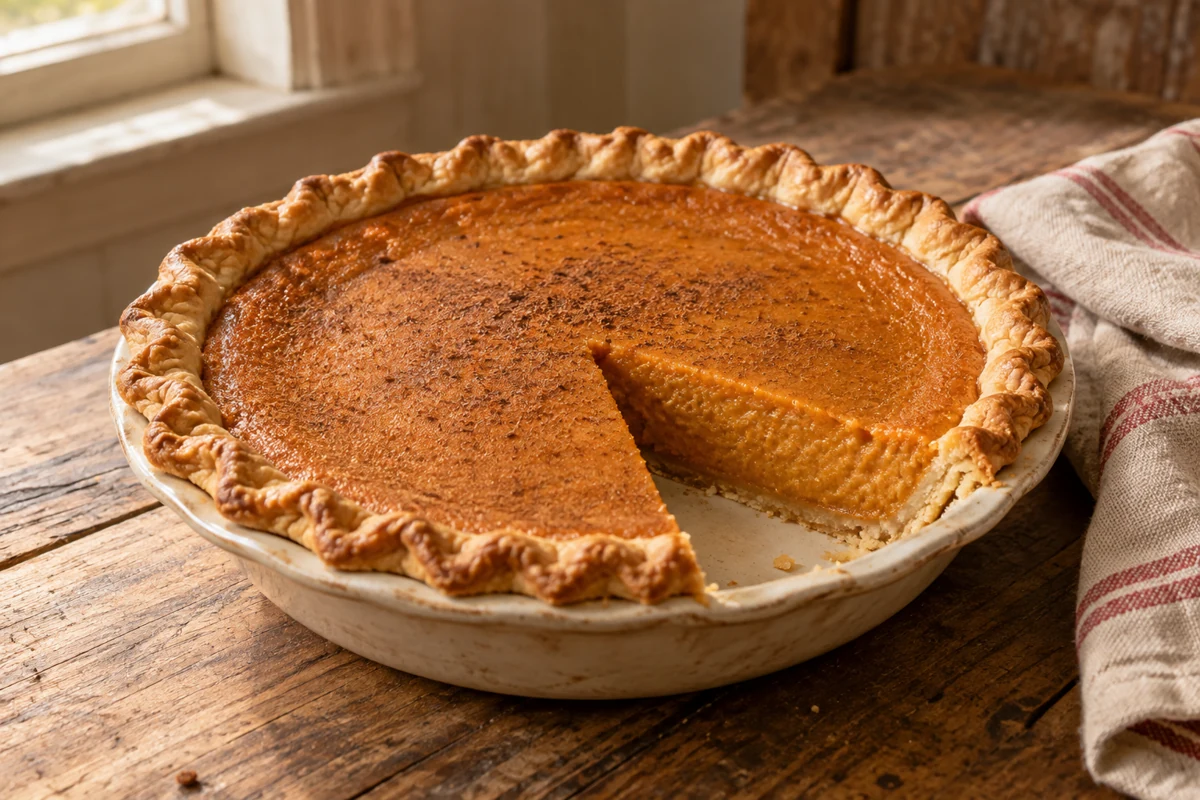 Sweet potato pie with a slice removed to show the smooth filling